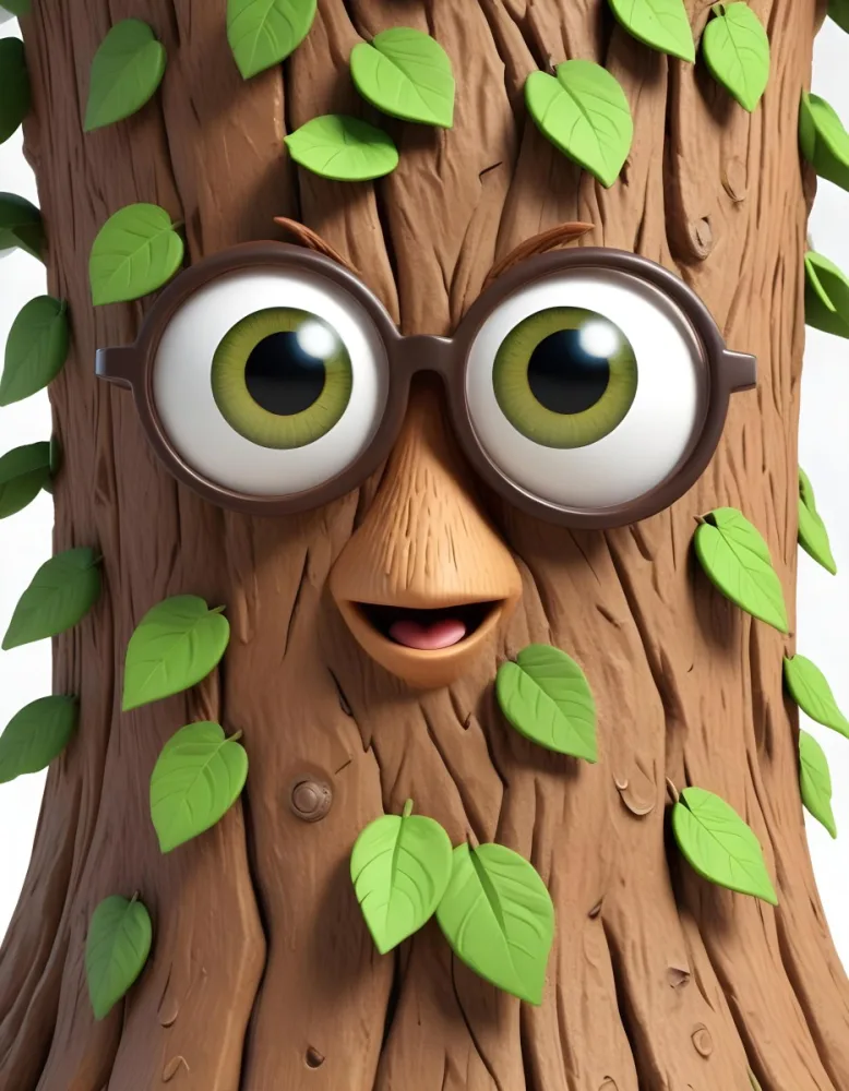3d Model A Cartoon Tree Character With Glasses Brown Bark Texture Green Leaves On Top Expressive Face With Big Eyes In A White Background Figure Octane Render Volumetric Highly Detailed Videogame Aesthetic 3 1b6a