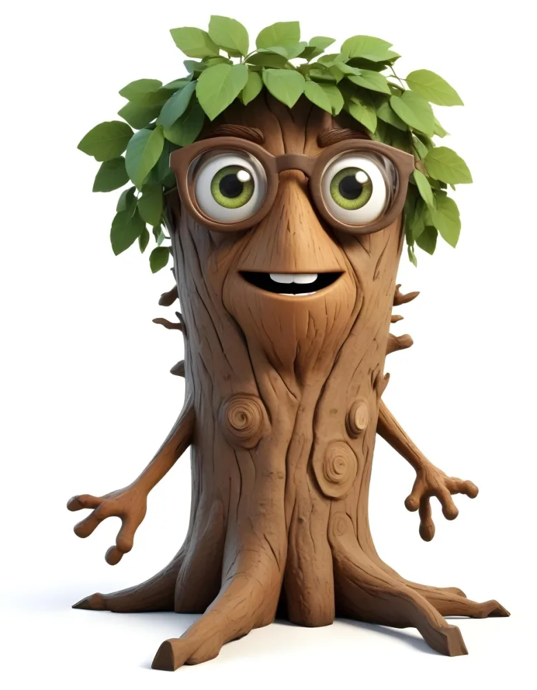 3d Model A Cartoon Tree Character With Glasses Brown Bark Texture Green Leaves On Top Expressive Face With Big Eyes In A White Background Figure Octane Render Volumetric Highly Detailed Videogame Aesthetic 4 32ca