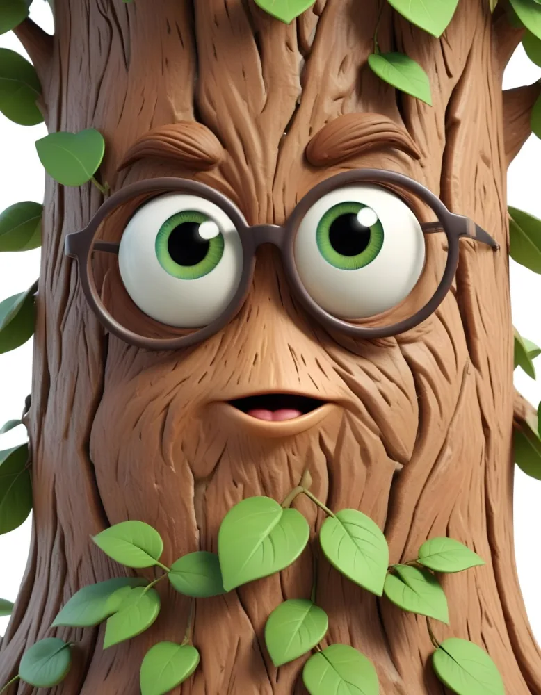 3d Model A Cartoon Tree Character With Glasses Brown Bark Texture Green Leaves On Top Expressive Face With Big Eyes In A White Background Figure Octane Render Volumetric Highly Detailed Videogame Aesthetic 6 7fed