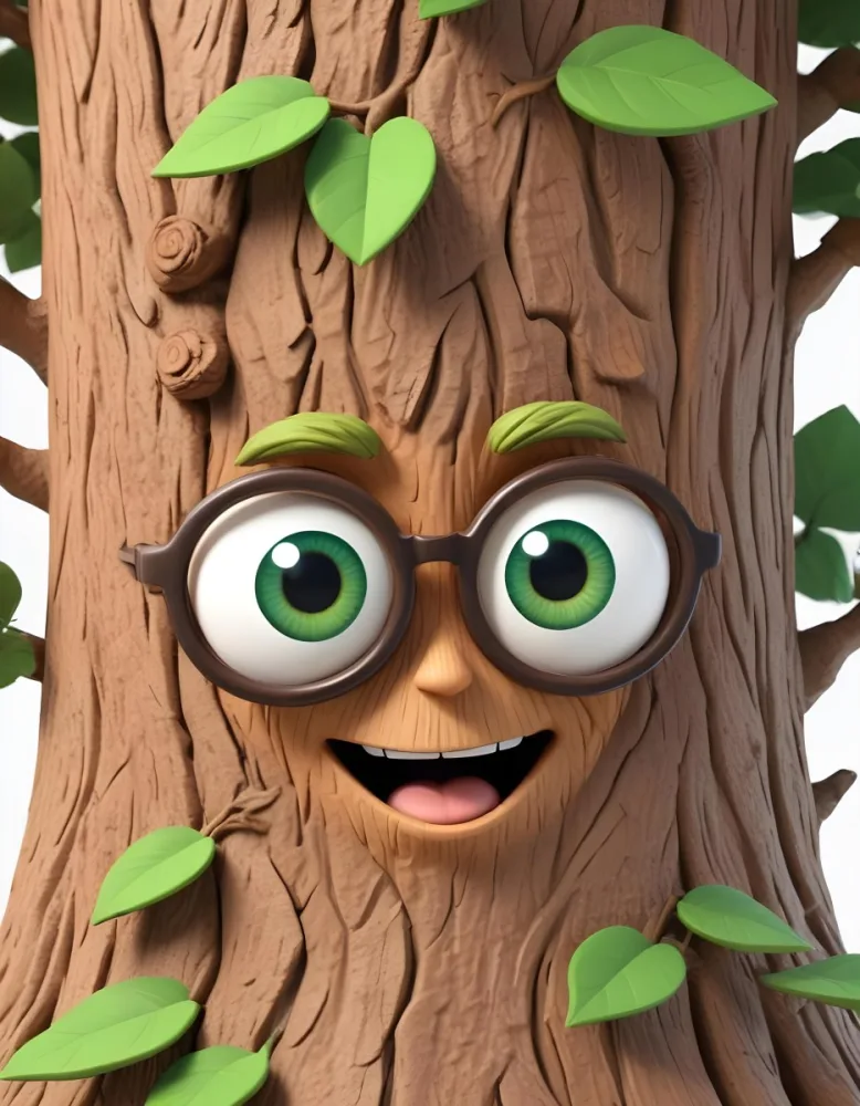3d Model A Cartoon Tree Character With Glasses Brown Bark Texture Green Leaves On Top Expressive Face With Big Eyes In A White Background Figure Octane Render Volumetric Highly Detailed Videogame Aesthetic 7 F580