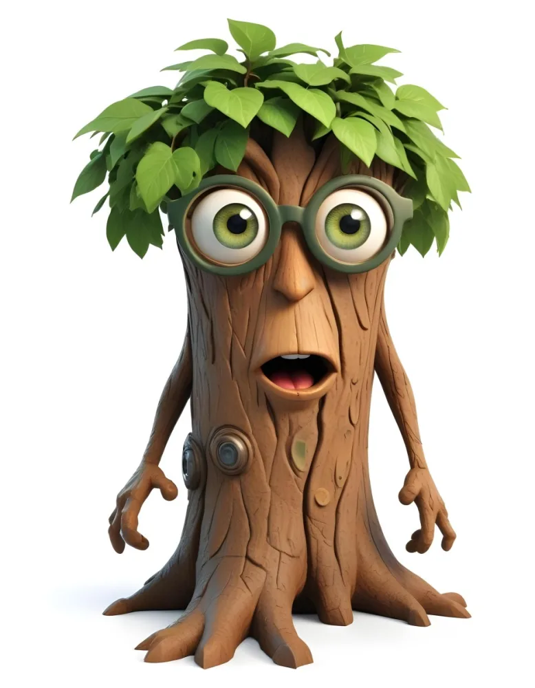 3d Model A Cartoon Tree Character With Glasses Brown Bark Texture Green Leaves On Top Expressive Face With Big Eyes In A White Background Figure Octane Render Volumetric Highly Detailed Videogame Aesthetic 9 Eb21