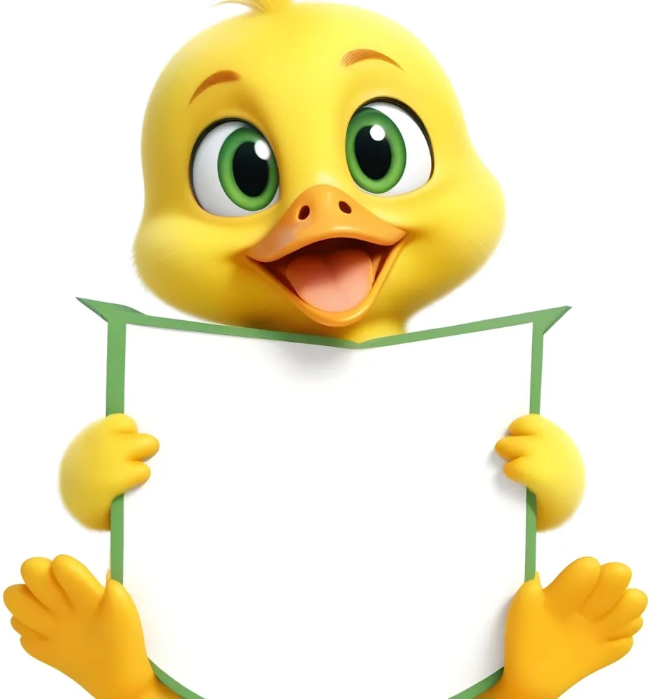 3d Model A Cartoon Yellow Duckling With Large Green Eyes And A Big Smile Holding A Blank Yellow Sign With Both Hands The Duckling Has A Round Head And Small Wings With Its Feet Visible At The Bottom The Background Is 10 B00b