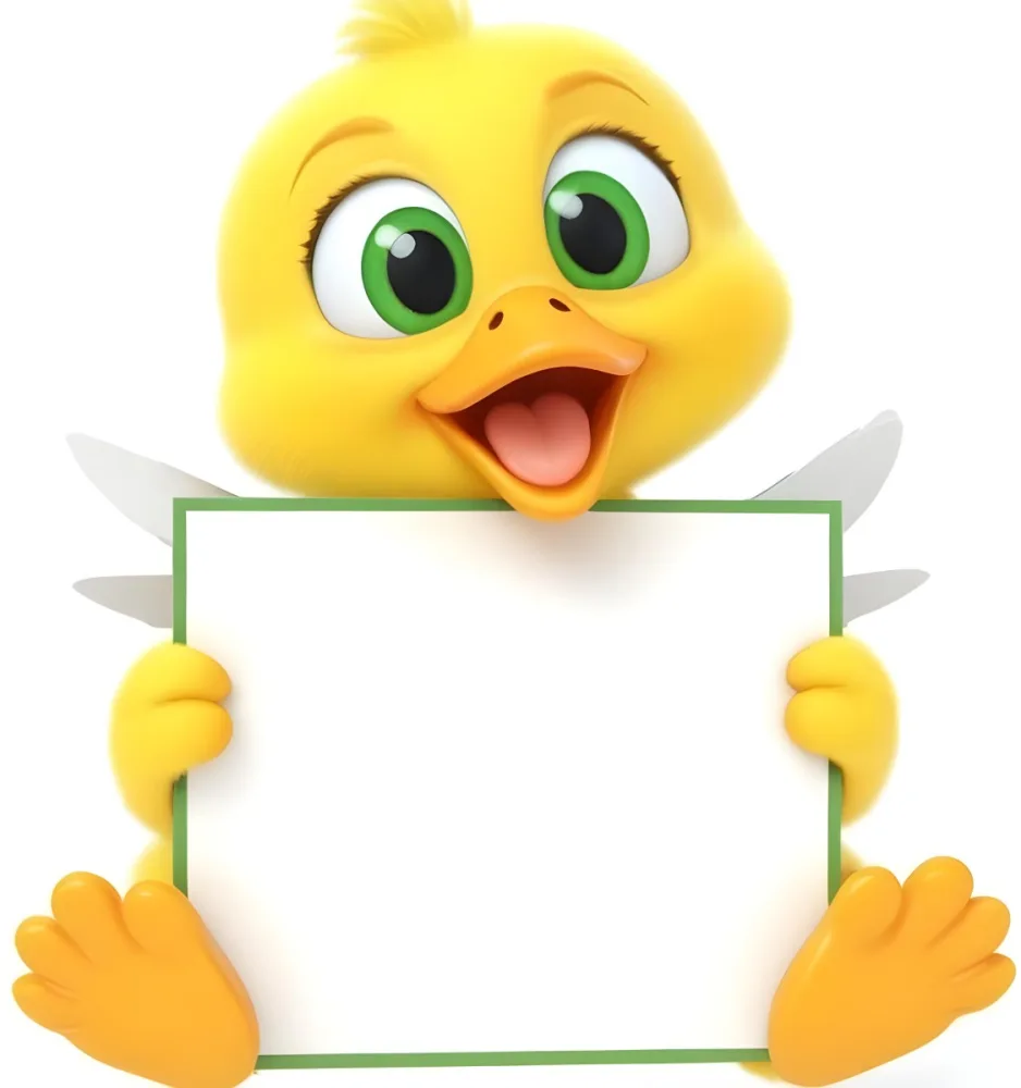 3d Model A Cartoon Yellow Duckling With Large Green Eyes And A Big Smile Holding A Blank Yellow Sign With Both Hands The Duckling Has A Round Head And Small Wings With Its Feet Visible At The Bottom The Background Is 12 6173