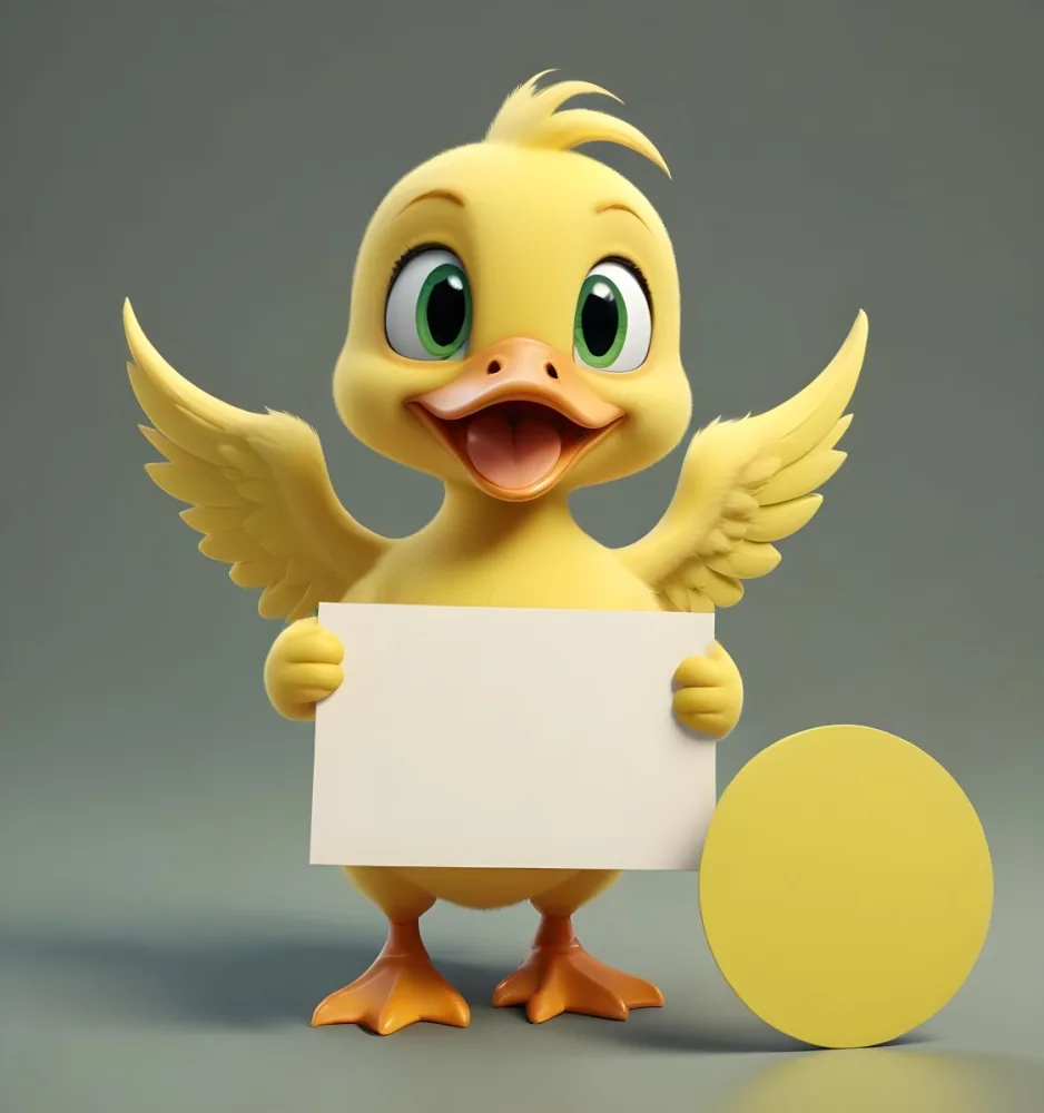 3d Model A Cartoon Yellow Duckling With Large Green Eyes And A Big Smile Holding A Blank Yellow Sign With Both Hands The Duckling Has A Round Head And Small Wings With Its Feet Visible At The Bottom The Background Is 15 89c7