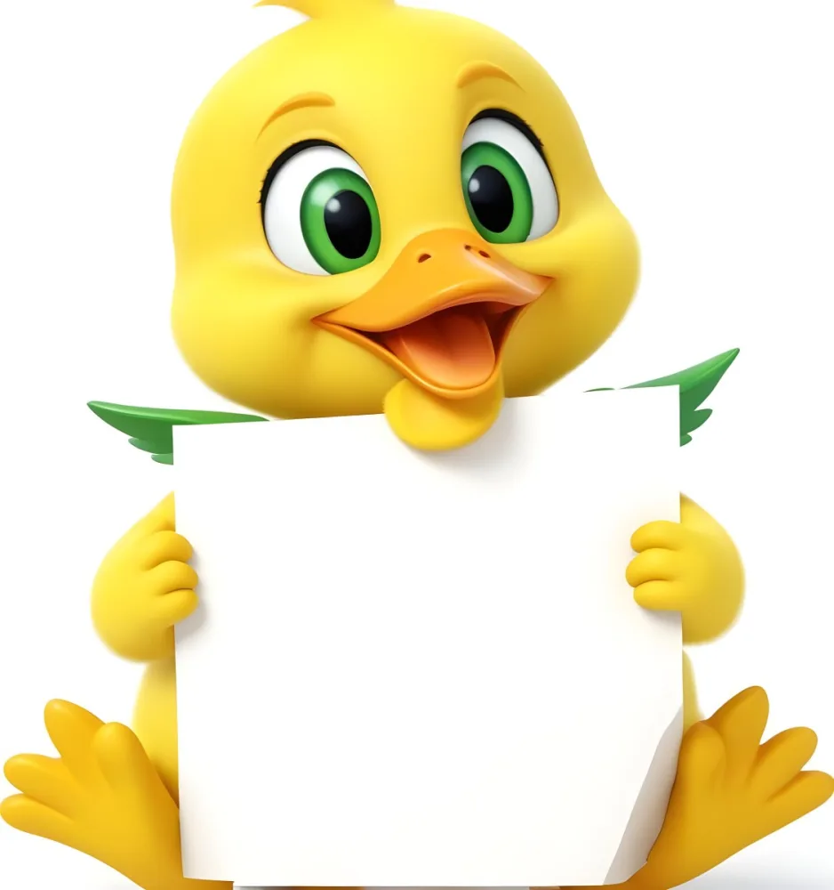 3d Model A Cartoon Yellow Duckling With Large Green Eyes And A Big Smile Holding A Blank Yellow Sign With Both Hands The Duckling Has A Round Head And Small Wings With Its Feet Visible At The Bottom The Background Is 16 7b78