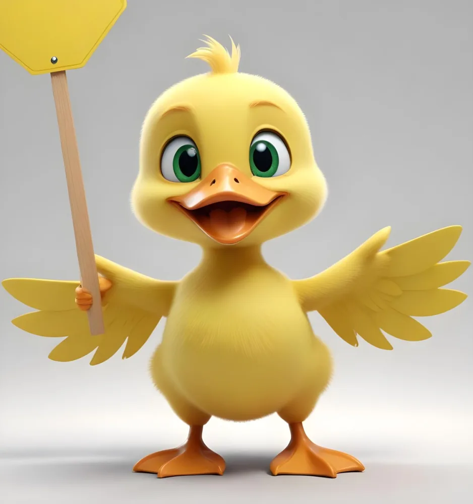 3d Model A Cartoon Yellow Duckling With Large Green Eyes And A Big Smile Holding A Blank Yellow Sign With Both Hands The Duckling Has A Round Head And Small Wings With Its Feet Visible At The Bottom The Background Is 17 7ebe