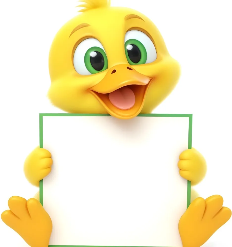 3d Model A Cartoon Yellow Duckling With Large Green Eyes And A Big Smile Holding A Blank Yellow Sign With Both Hands The Duckling Has A Round Head And Small Wings With Its Feet Visible At The Bottom The Background Is 20 8692