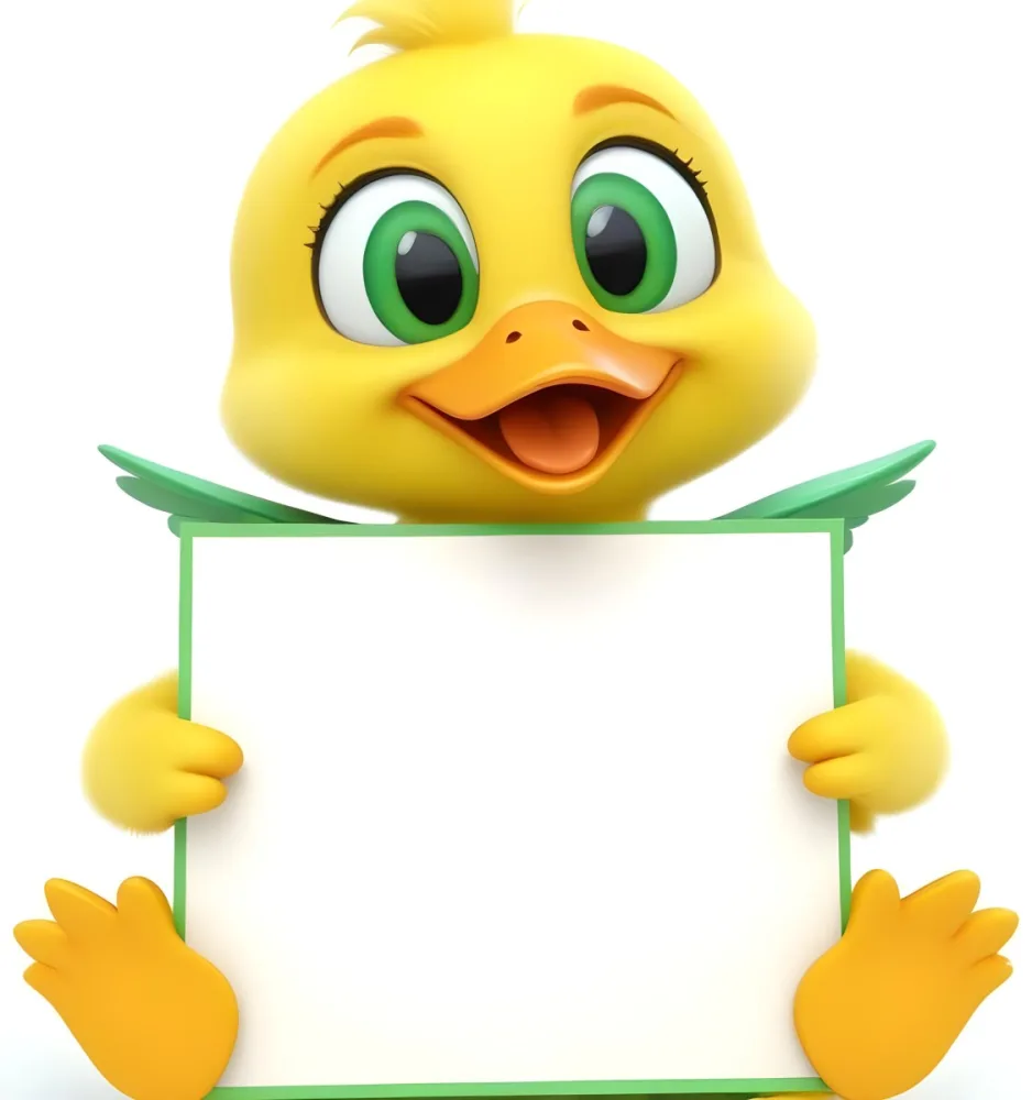 3d Model A Cartoon Yellow Duckling With Large Green Eyes And A Big Smile Holding A Blank Yellow Sign With Both Hands The Duckling Has A Round Head And Small Wings With Its Feet Visible At The Bottom The Background Is 21 E39d