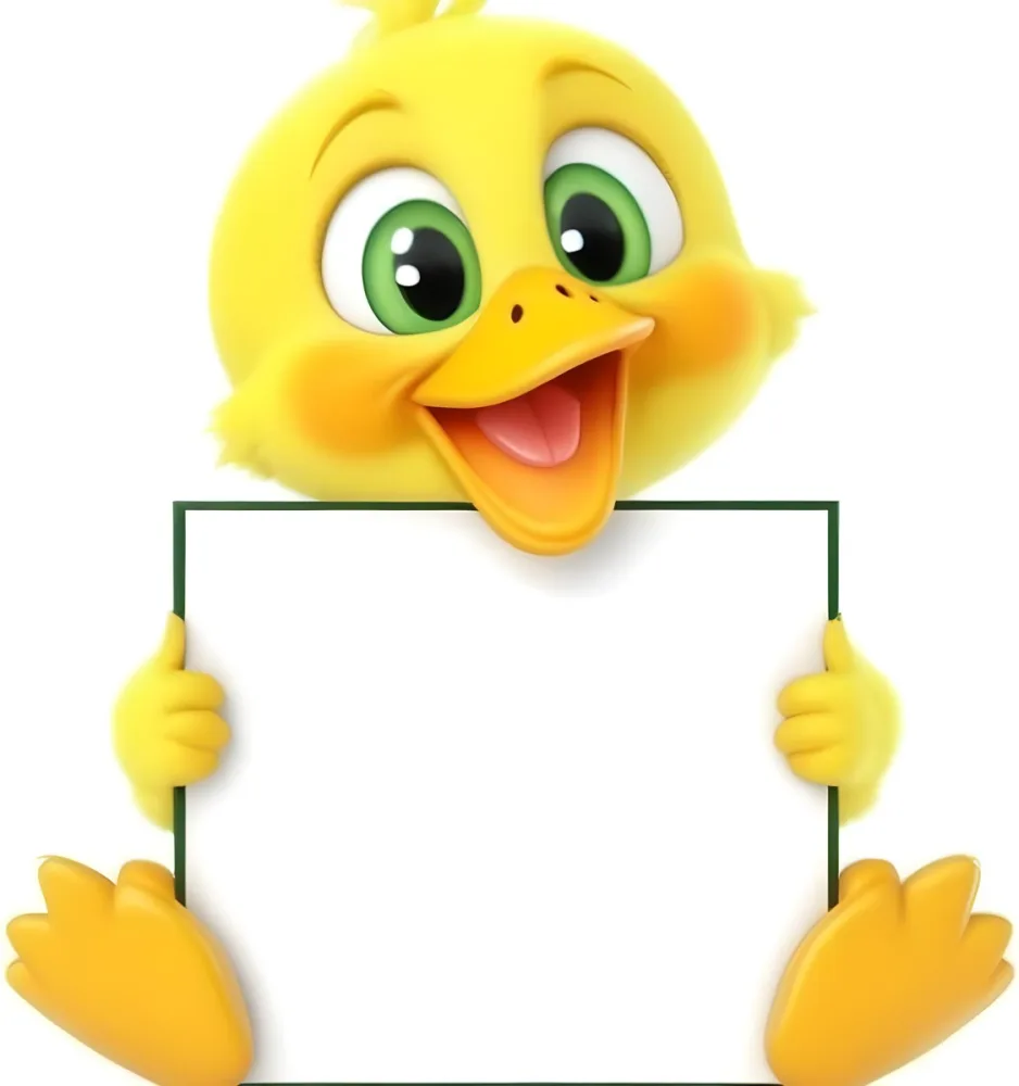 3d Model A Cartoon Yellow Duckling With Large Green Eyes And A Big Smile Holding A Blank Yellow Sign With Both Hands The Duckling Has A Round Head And Small Wings With Its Feet Visible At The Bottom The Background Is 22 D06a