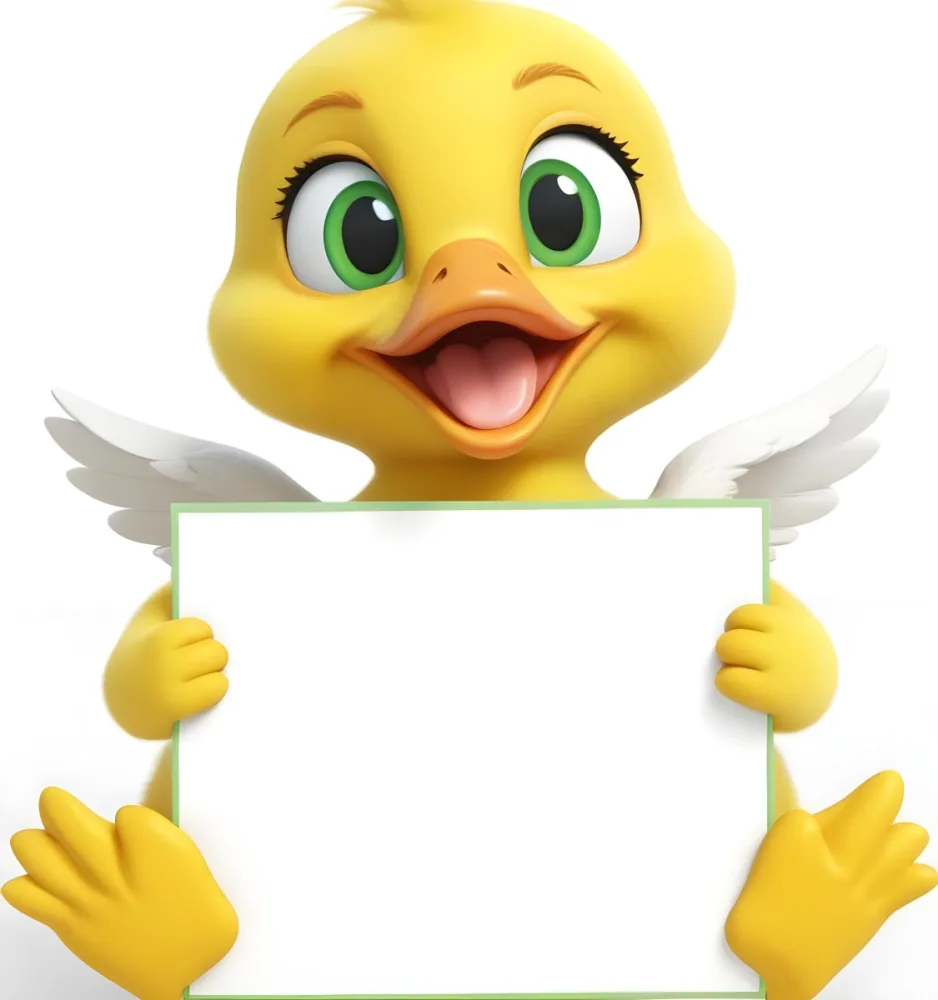 3d Model A Cartoon Yellow Duckling With Large Green Eyes And A Big Smile Holding A Blank Yellow Sign With Both Hands The Duckling Has A Round Head And Small Wings With Its Feet Visible At The Bottom The Background Is 23 A7df