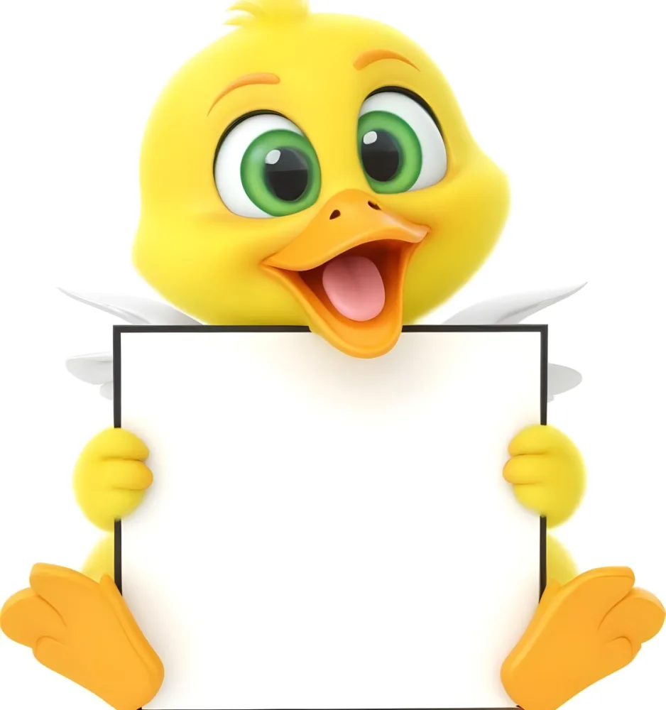 3d Model A Cartoon Yellow Duckling With Large Green Eyes And A Big Smile Holding A Blank Yellow Sign With Both Hands The Duckling Has A Round Head And Small Wings With Its Feet Visible At The Bottom The Background Is 24 F221