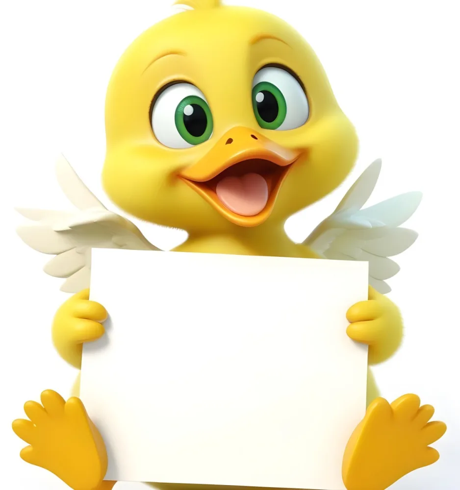3d Model A Cartoon Yellow Duckling With Large Green Eyes And A Big Smile Holding A Blank Yellow Sign With Both Hands The Duckling Has A Round Head And Small Wings With Its Feet Visible At The Bottom The Background Is 3 7bfa