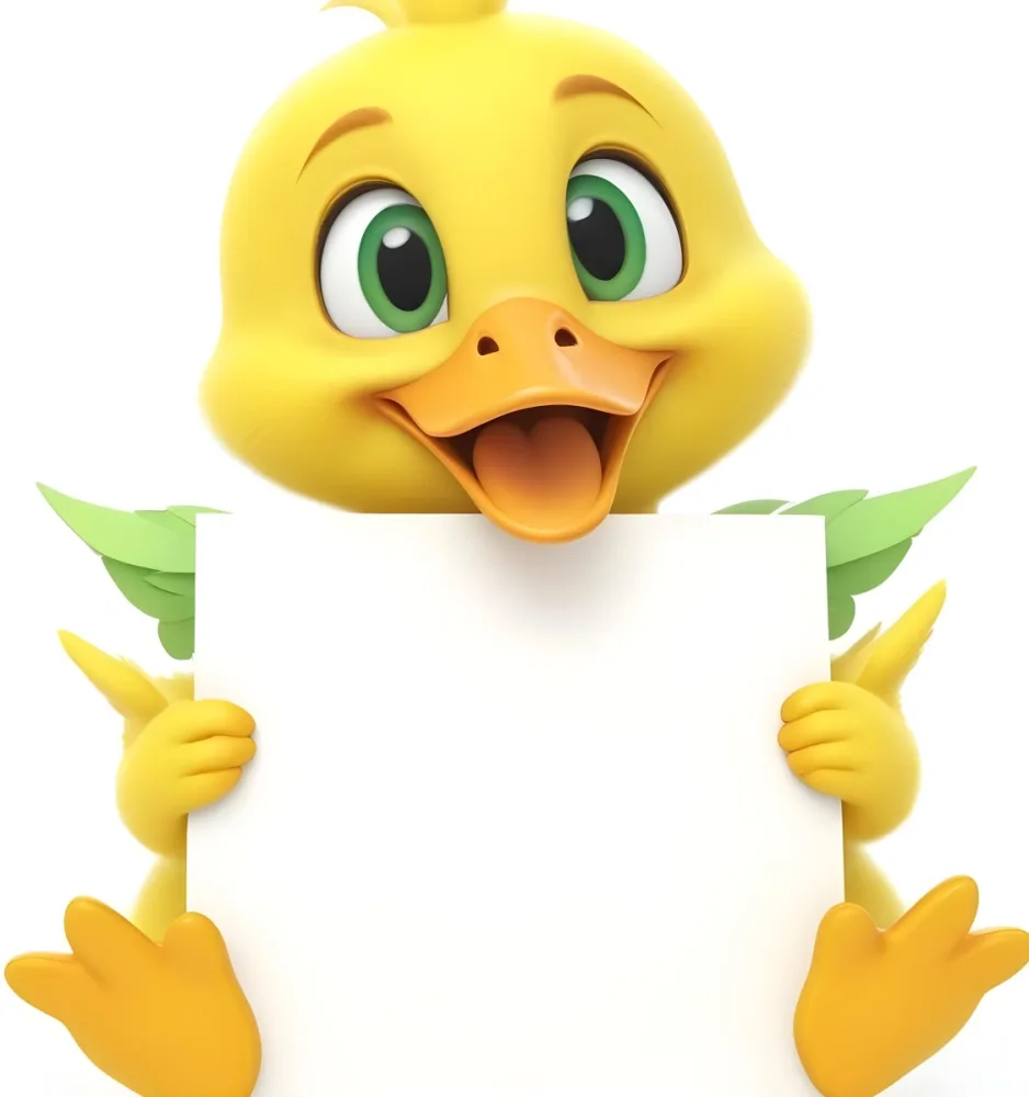 3d Model A Cartoon Yellow Duckling With Large Green Eyes And A Big Smile Holding A Blank Yellow Sign With Both Hands The Duckling Has A Round Head And Small Wings With Its Feet Visible At The Bottom The Background Is 4 B0ef