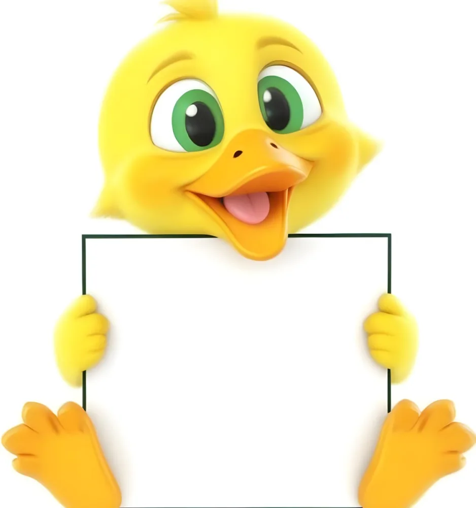 3d Model A Cartoon Yellow Duckling With Large Green Eyes And A Big Smile Holding A Blank Yellow Sign With Both Hands The Duckling Has A Round Head And Small Wings With Its Feet Visible At The Bottom The Background Is 5 4855