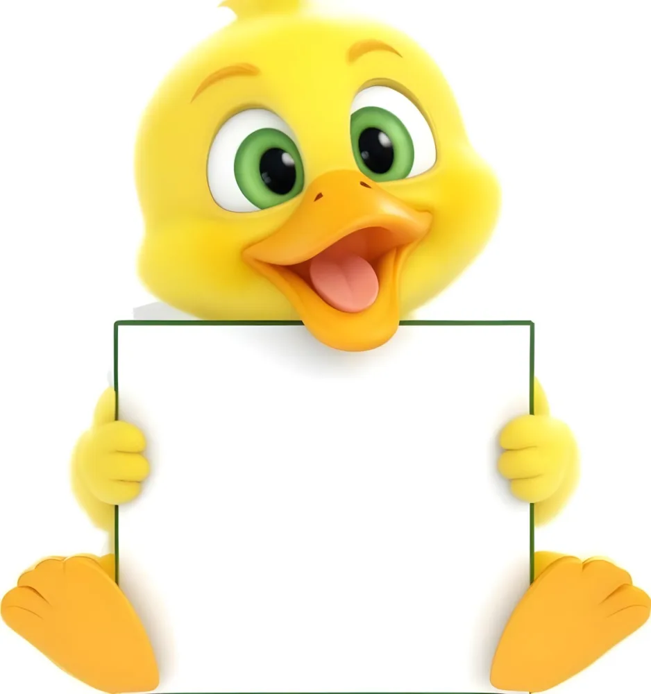 3d Model A Cartoon Yellow Duckling With Large Green Eyes And A Big Smile Holding A Blank Yellow Sign With Both Hands The Duckling Has A Round Head And Small Wings With Its Feet Visible At The Bottom The Background Is 6 753c