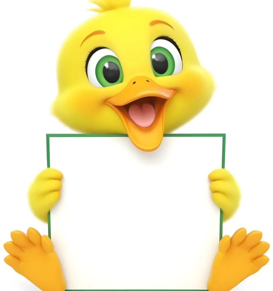 3d Model A Cartoon Yellow Duckling With Large Green Eyes And A Big Smile Holding A Blank Yellow Sign With Both Hands The Duckling Has A Round Head And Small Wings With Its Feet Visible At The Bottom The Background Is 7 5ebb