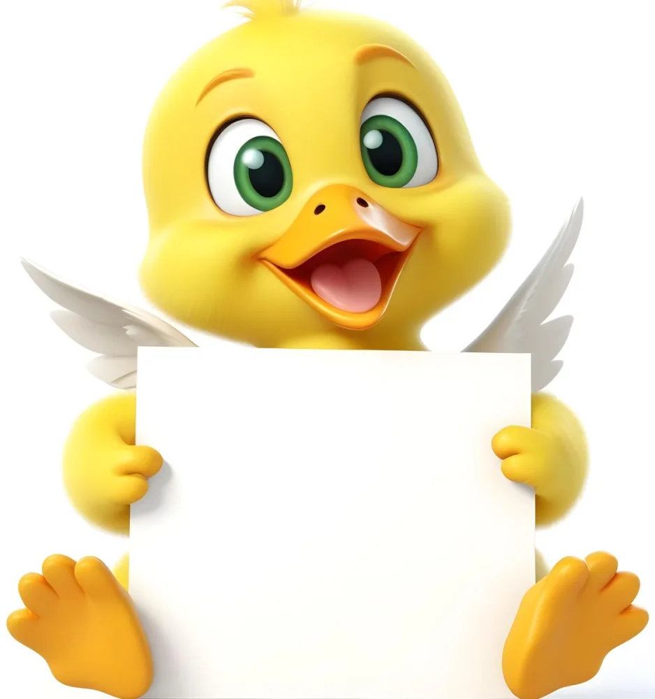 3d Model A Cartoon Yellow Duckling With Large Green Eyes And A Big Smile Holding A Blank Yellow Sign With Both Hands The Duckling Has A Round Head And Small Wings With Its Feet Visible At The Bottom The Background Is 8 52f4