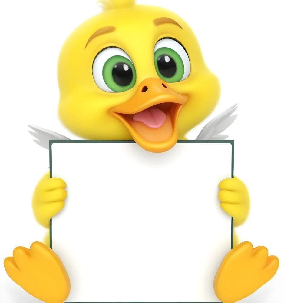 3d Model A Cartoon Yellow Duckling With Large Green Eyes And A Big Smile Holding A Blank Yellow Sign With Both Hands The Duckling Has A Round Head And Small Wings With Its Feet Visible At The Bottom The Background Is 9 671f