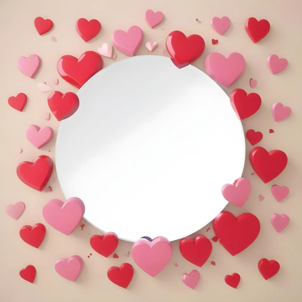 3d Model A Circular Blank Mirror Surrounded By Various Hearts In Shades Of Red And Pink Scattered Around The Mirror On A Light Beige Background Figure Octane Render Volumetric Highly Detailed Videogame Aesthetic 1 19e8