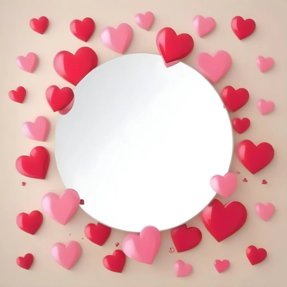 3d Model A Circular Blank Mirror Surrounded By Various Hearts In Shades Of Red And Pink Scattered Around The Mirror On A Light Beige Background Figure Octane Render Volumetric Highly Detailed Videogame Aesthetic 11 7e8d