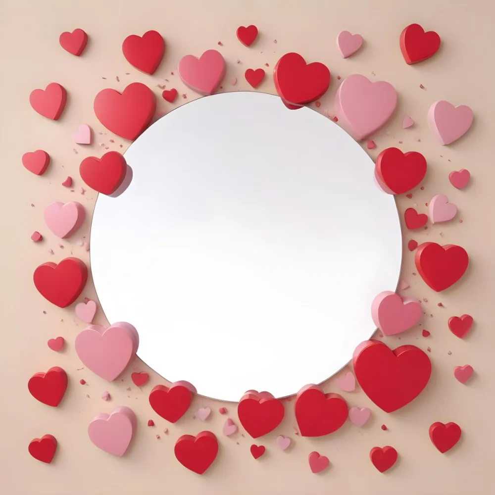 3d Model A Circular Blank Mirror Surrounded By Various Hearts In Shades Of Red And Pink Scattered Around The Mirror On A Light Beige Background Figure Octane Render Volumetric Highly Detailed Videogame Aesthetic 13 Dc42