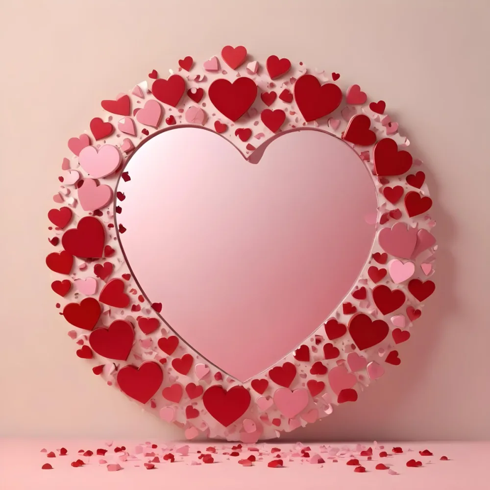 3d Model A Circular Blank Mirror Surrounded By Various Hearts In Shades Of Red And Pink Scattered Around The Mirror On A Light Beige Background Figure Octane Render Volumetric Highly Detailed Videogame Aesthetic 14 8ee0