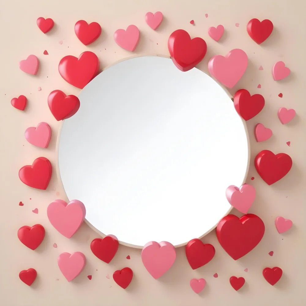 3d Model A Circular Blank Mirror Surrounded By Various Hearts In Shades Of Red And Pink Scattered Around The Mirror On A Light Beige Background Figure Octane Render Volumetric Highly Detailed Videogame Aesthetic 18 9c28