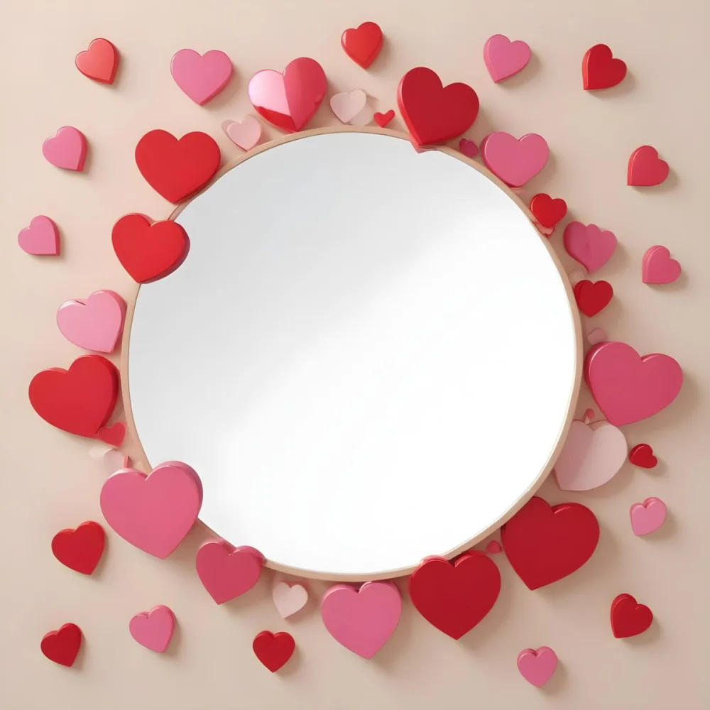 3d Model A Circular Blank Mirror Surrounded By Various Hearts In Shades Of Red And Pink Scattered Around The Mirror On A Light Beige Background Figure Octane Render Volumetric Highly Detailed Videogame Aesthetic 19 1769