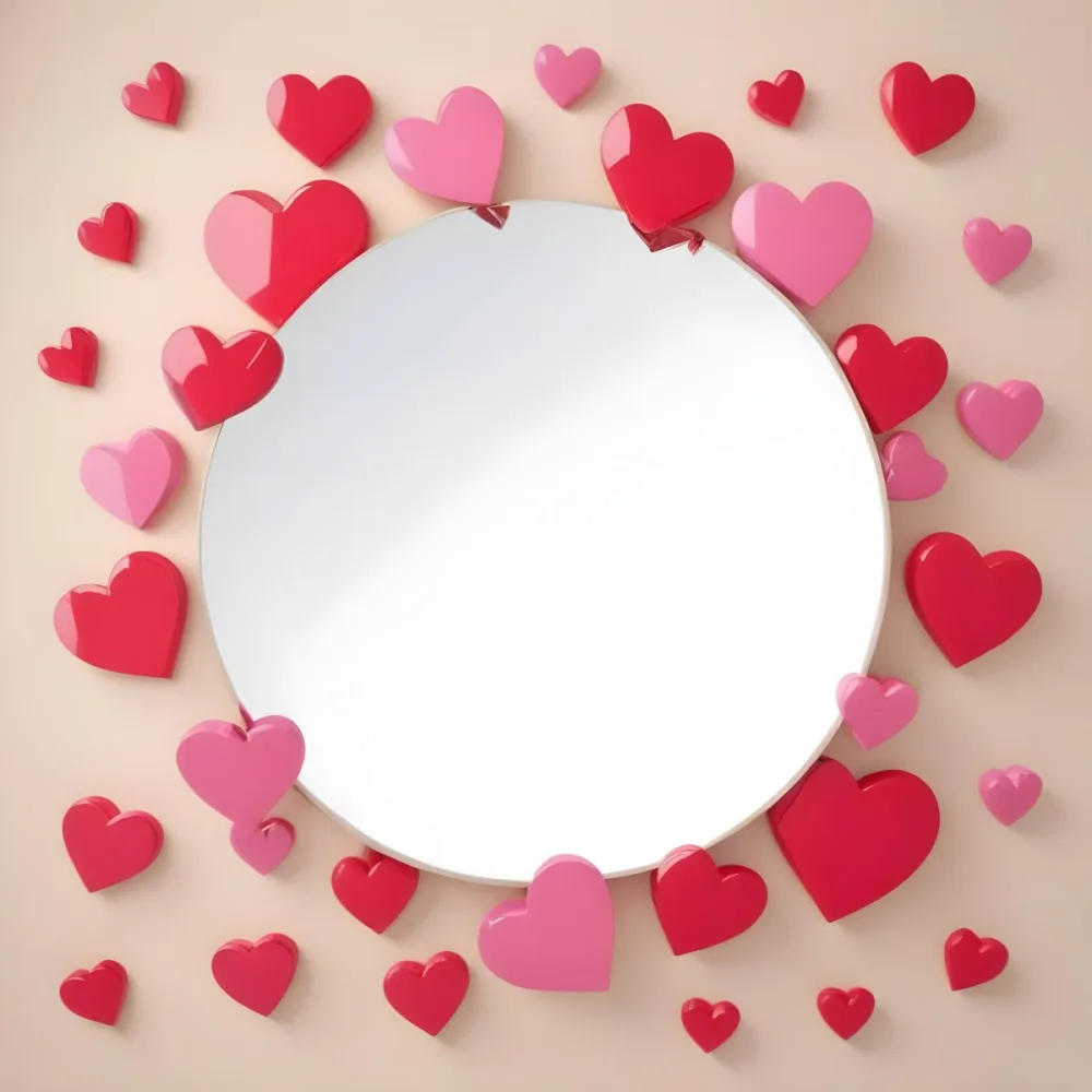 3d Model A Circular Blank Mirror Surrounded By Various Hearts In Shades Of Red And Pink Scattered Around The Mirror On A Light Beige Background Figure Octane Render Volumetric Highly Detailed Videogame Aesthetic 2 Bded