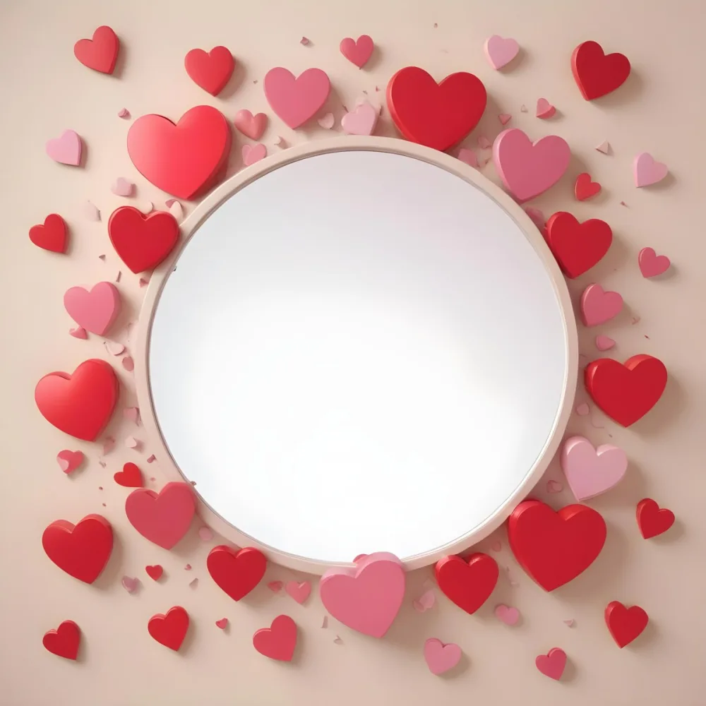 3d Model A Circular Blank Mirror Surrounded By Various Hearts In Shades Of Red And Pink Scattered Around The Mirror On A Light Beige Background Figure Octane Render Volumetric Highly Detailed Videogame Aesthetic 20 2652