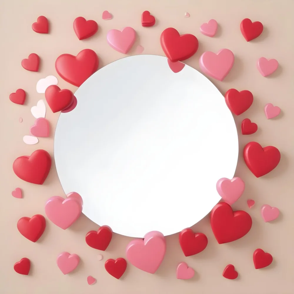 3d Model A Circular Blank Mirror Surrounded By Various Hearts In Shades Of Red And Pink Scattered Around The Mirror On A Light Beige Background Figure Octane Render Volumetric Highly Detailed Videogame Aesthetic 21 D916