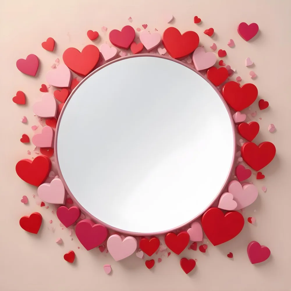 3d Model A Circular Blank Mirror Surrounded By Various Hearts In Shades Of Red And Pink Scattered Around The Mirror On A Light Beige Background Figure Octane Render Volumetric Highly Detailed Videogame Aesthetic 22 6798
