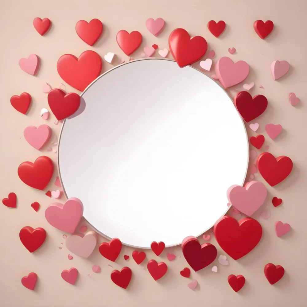3d Model A Circular Blank Mirror Surrounded By Various Hearts In Shades Of Red And Pink Scattered Around The Mirror On A Light Beige Background Figure Octane Render Volumetric Highly Detailed Videogame Aesthetic 23 1dd6