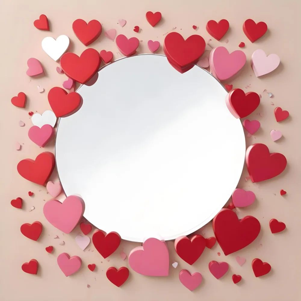 3d Model A Circular Blank Mirror Surrounded By Various Hearts In Shades Of Red And Pink Scattered Around The Mirror On A Light Beige Background Figure Octane Render Volumetric Highly Detailed Videogame Aesthetic 24 D859