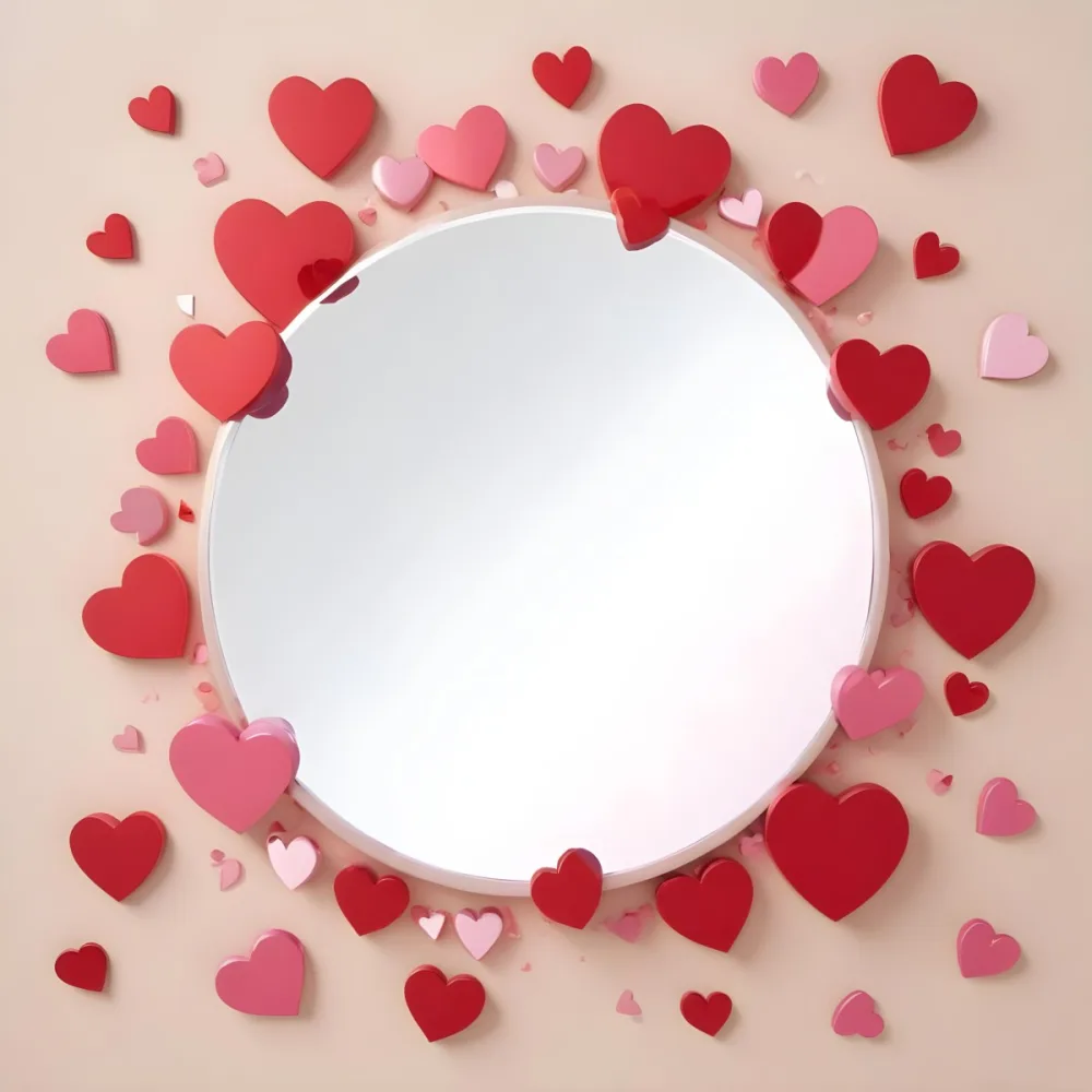 3d Model A Circular Blank Mirror Surrounded By Various Hearts In Shades Of Red And Pink Scattered Around The Mirror On A Light Beige Background Figure Octane Render Volumetric Highly Detailed Videogame Aesthetic 3 963c