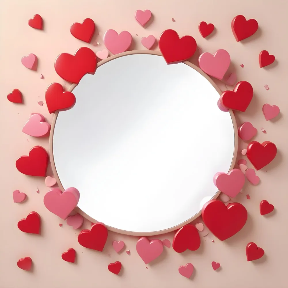 3d Model A Circular Blank Mirror Surrounded By Various Hearts In Shades Of Red And Pink Scattered Around The Mirror On A Light Beige Background Figure Octane Render Volumetric Highly Detailed Videogame Aesthetic 4 E01e