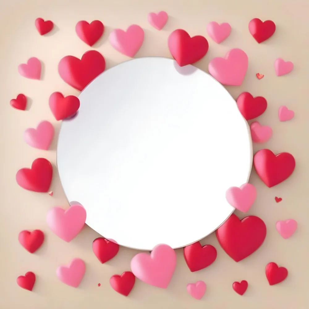 3d Model A Circular Blank Mirror Surrounded By Various Hearts In Shades Of Red And Pink Scattered Around The Mirror On A Light Beige Background Figure Octane Render Volumetric Highly Detailed Videogame Aesthetic 5 1d2c