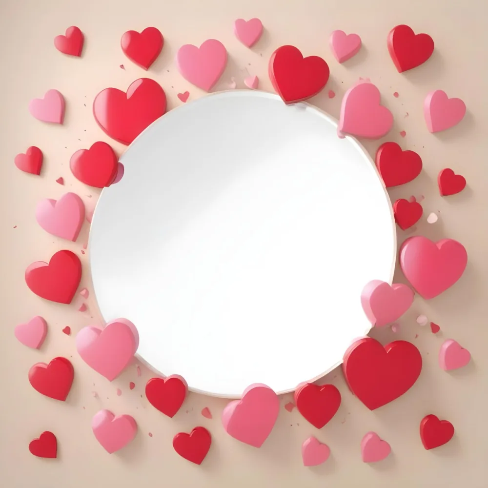 3d Model A Circular Blank Mirror Surrounded By Various Hearts In Shades Of Red And Pink Scattered Around The Mirror On A Light Beige Background Figure Octane Render Volumetric Highly Detailed Videogame Aesthetic 7 8afc