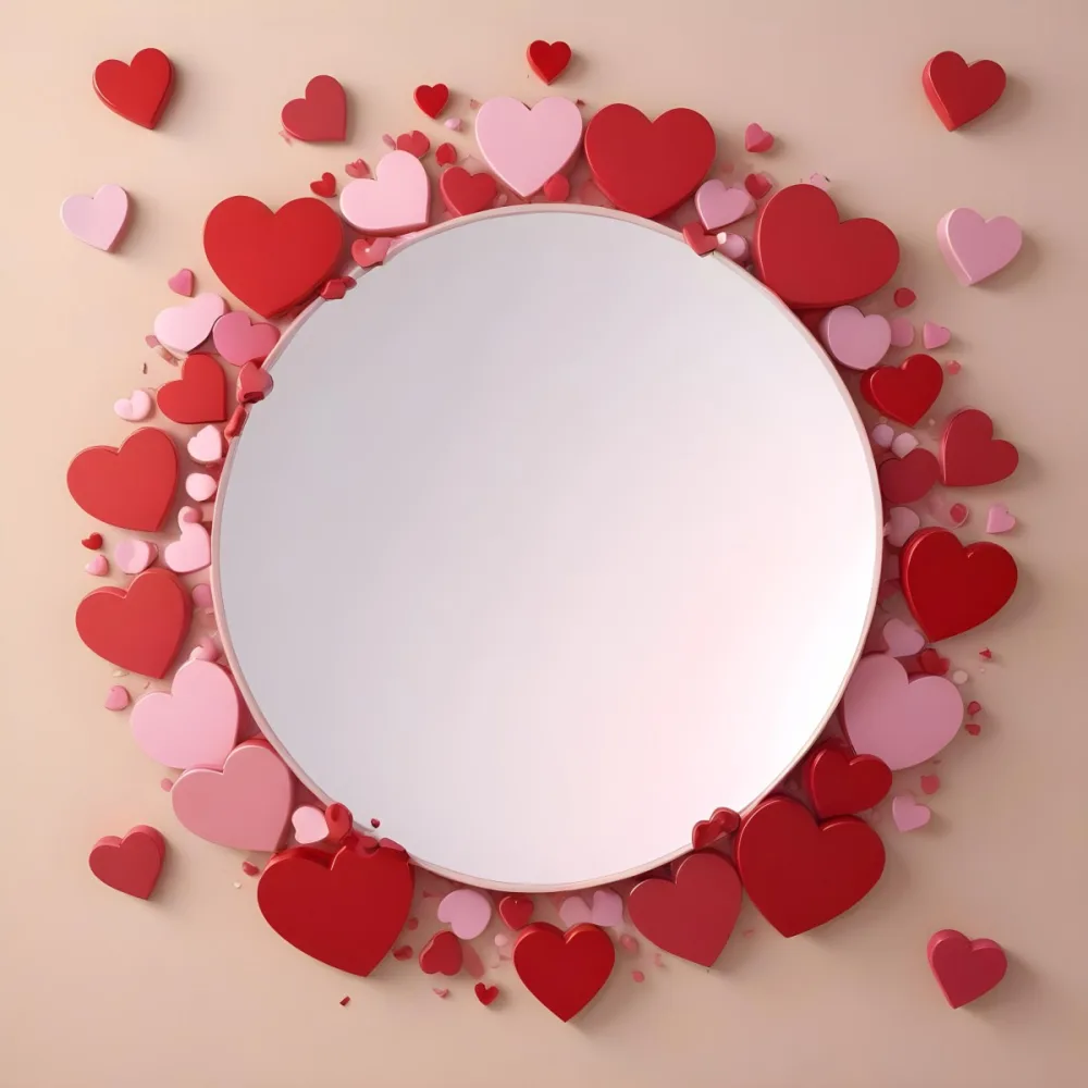 3d Model A Circular Blank Mirror Surrounded By Various Hearts In Shades Of Red And Pink Scattered Around The Mirror On A Light Beige Background Figure Octane Render Volumetric Highly Detailed Videogame Aesthetic 8 7ff3