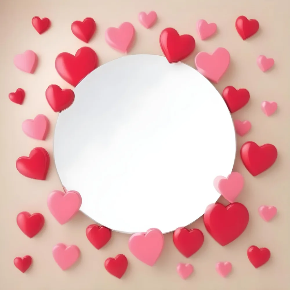 3d Model A Circular Blank Mirror Surrounded By Various Hearts In Shades Of Red And Pink Scattered Around The Mirror On A Light Beige Background Figure Octane Render Volumetric Highly Detailed Videogame Aesthetic 9 7b58
