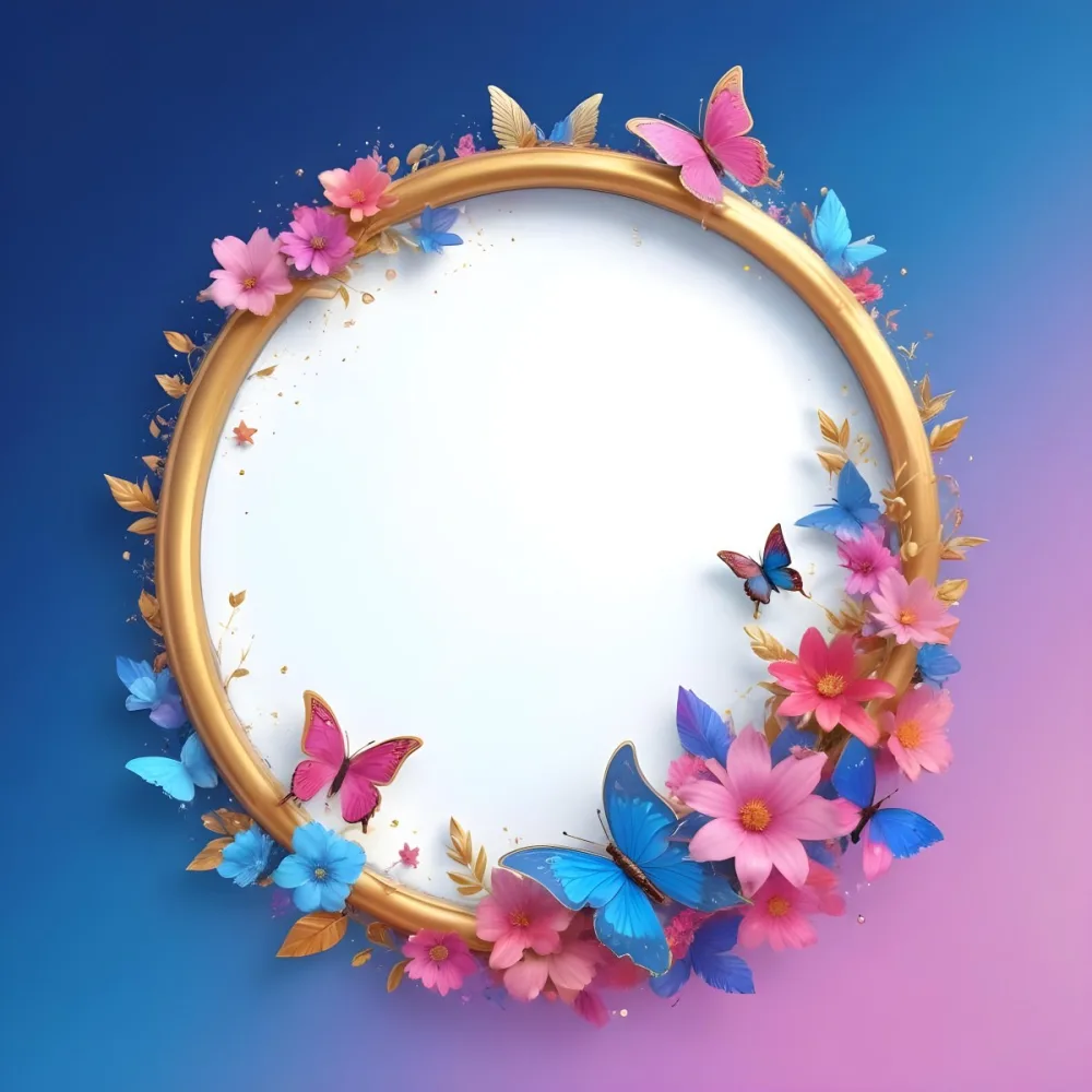 3d Model A Circular Frame With A Gold Outline Surrounded By Colorful Flowers And Butterflies The Background Transitions From Blue To Pink With Sparkling Effects And Bubbles Enhancing The Decorative Elements The Cente 16 9131