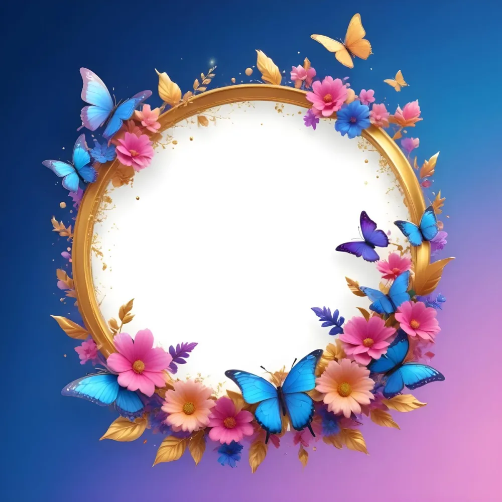 3d Model A Circular Frame With A Gold Outline Surrounded By Colorful Flowers And Butterflies The Background Transitions From Blue To Pink With Sparkling Effects And Bubbles Enhancing The Decorative Elements The Cente 17 55c2