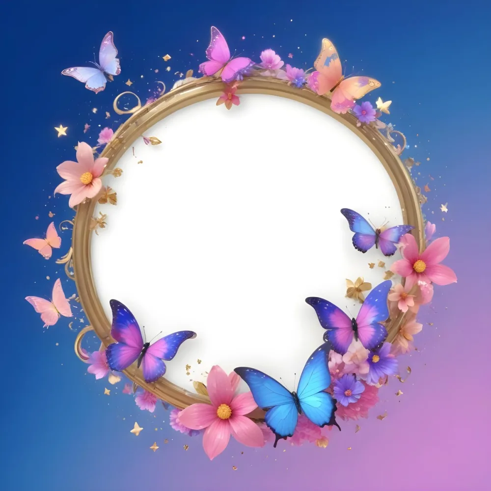 3d Model A Circular Frame With A Gold Outline Surrounded By Colorful Flowers And Butterflies The Background Transitions From Blue To Pink With Sparkling Effects And Bubbles Enhancing The Decorative Elements The Cente 27 88a5
