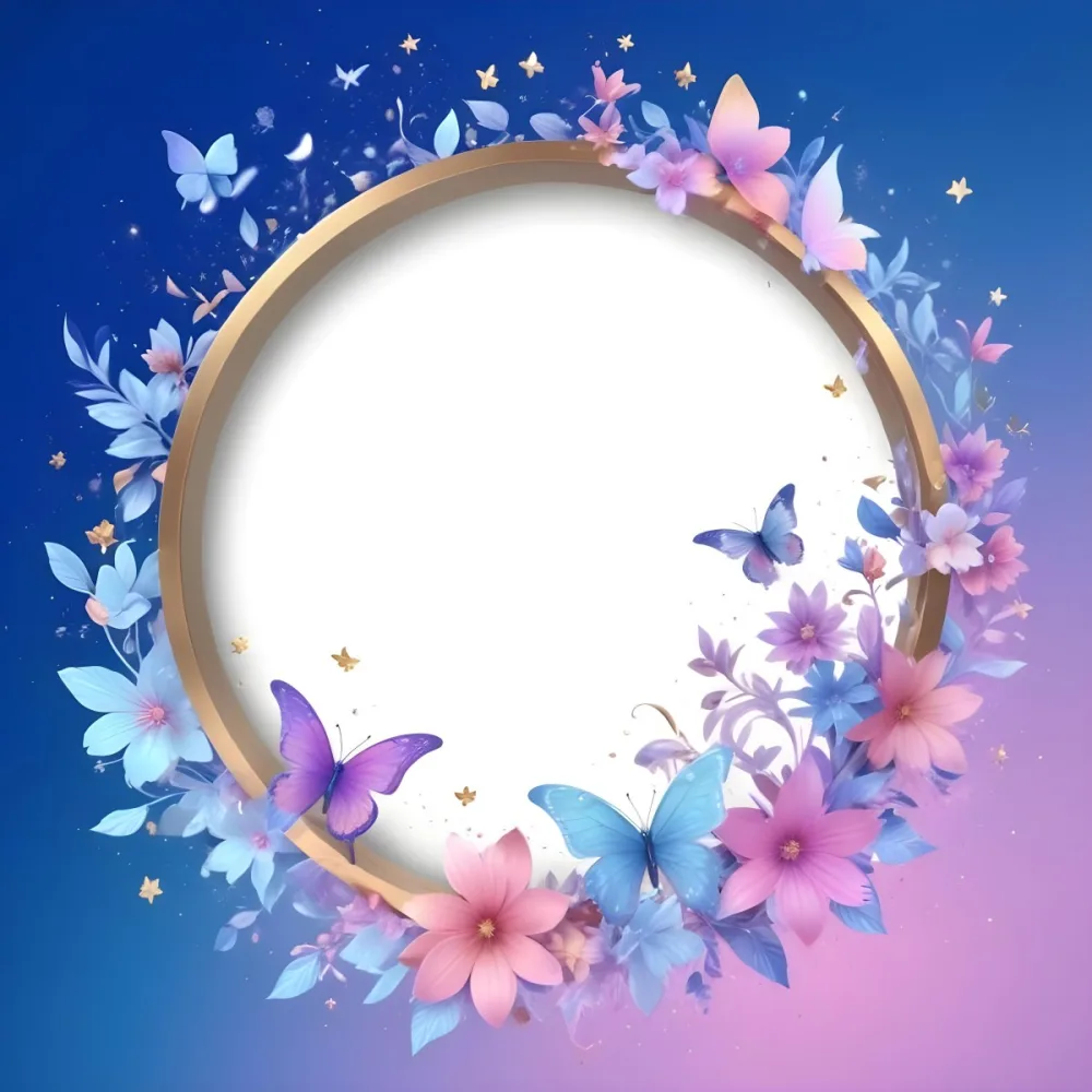 3d Model A Circular Frame With A Gold Outline Surrounded By Colorful Flowers And Butterflies The Background Transitions From Blue To Pink With Sparkling Effects And Bubbles Enhancing The Decorative Elements The Cente 36 Feb5