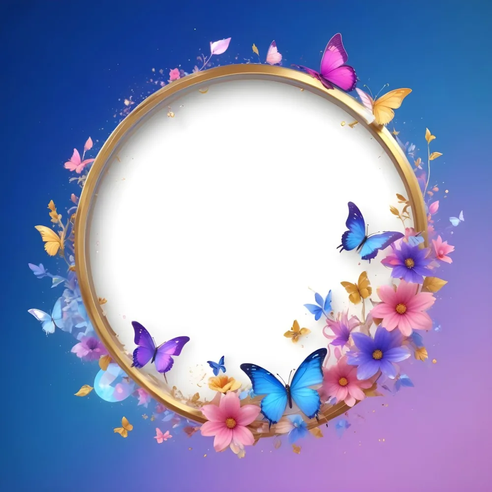 3d Model A Circular Frame With A Gold Outline Surrounded By Colorful Flowers And Butterflies The Background Transitions From Blue To Pink With Sparkling Effects And Bubbles Enhancing The Decorative Elements The Cente 37 1c1d