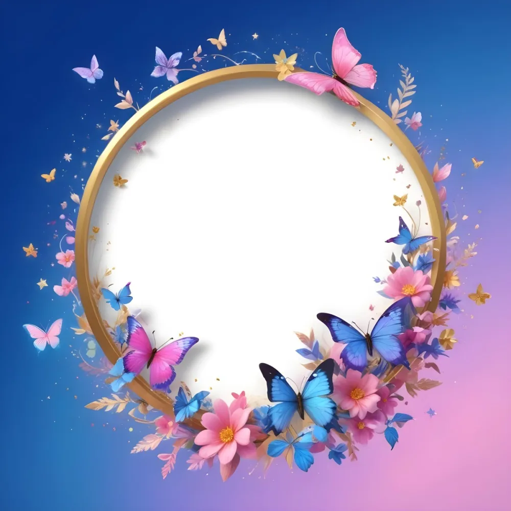 3d Model A Circular Frame With A Gold Outline Surrounded By Colorful Flowers And Butterflies The Background Transitions From Blue To Pink With Sparkling Effects And Bubbles Enhancing The Decorative Elements The Cente 39 Af1a