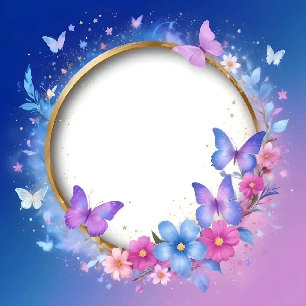 3d Model A Circular Frame With A Gold Outline Surrounded By Colorful Flowers And Butterflies The Background Transitions From Blue To Pink With Sparkling Effects And Bubbles Enhancing The Decorative Elements The Cente 4 Ac27