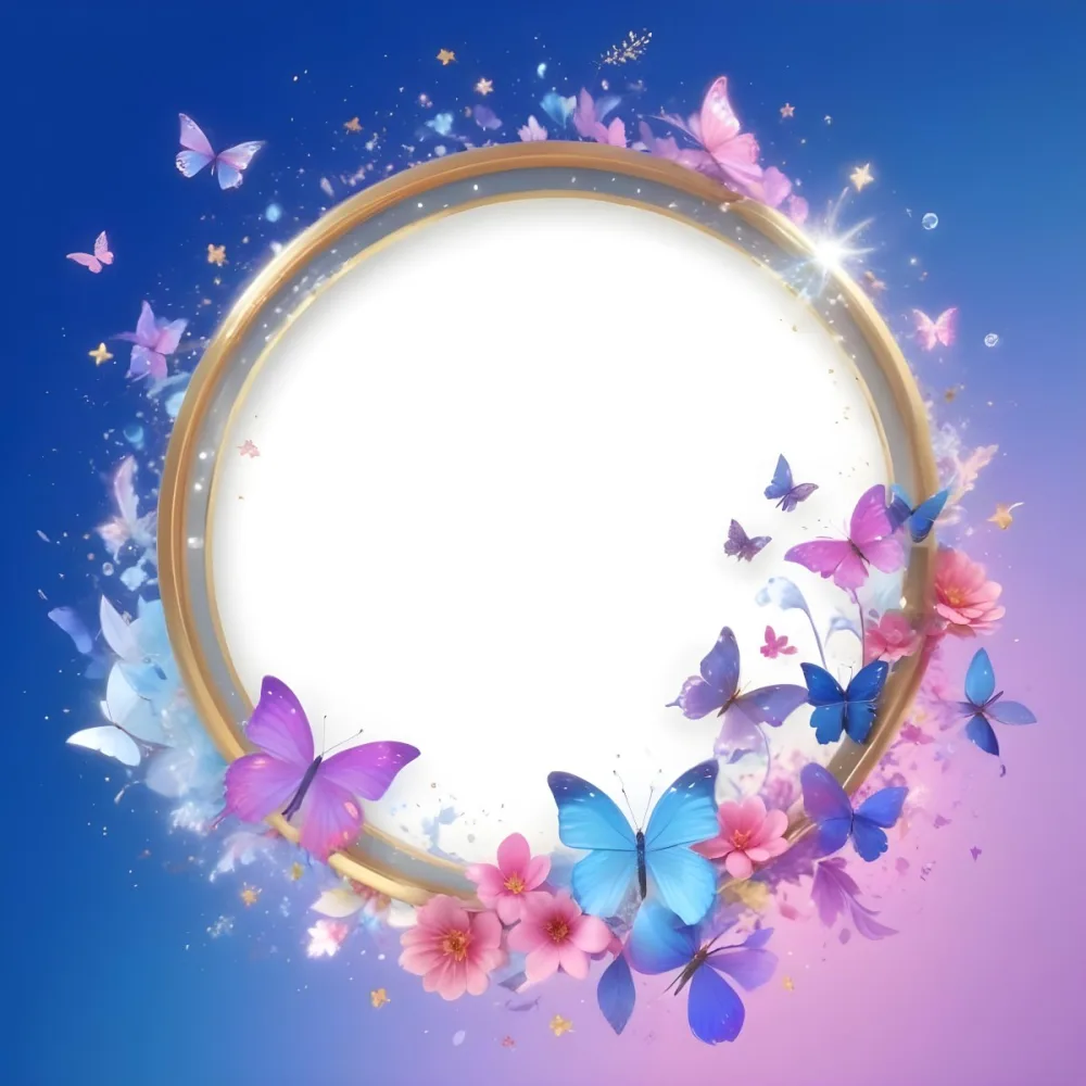 3d Model A Circular Frame With A Gold Outline Surrounded By Colorful Flowers And Butterflies The Background Transitions From Blue To Pink With Sparkling Effects And Bubbles Enhancing The Decorative Elements The Cente 40 3671