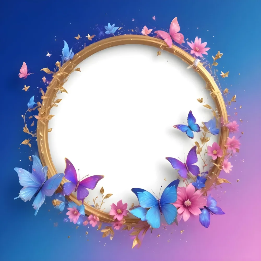 3d Model A Circular Frame With A Gold Outline Surrounded By Colorful Flowers And Butterflies The Background Transitions From Blue To Pink With Sparkling Effects And Bubbles Enhancing The Decorative Elements The Cente 41 4f2e