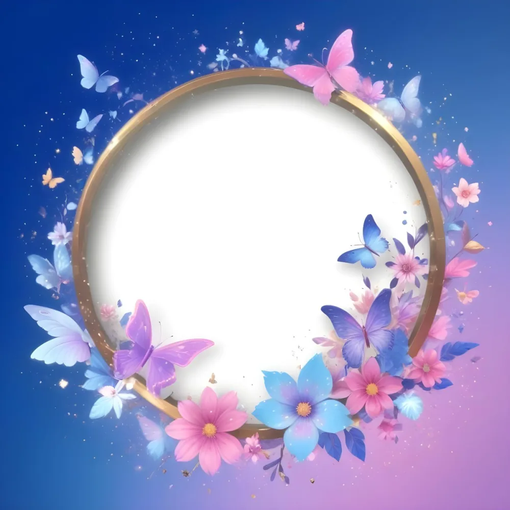 3d Model A Circular Frame With A Gold Outline Surrounded By Colorful Flowers And Butterflies The Background Transitions From Blue To Pink With Sparkling Effects And Bubbles Enhancing The Decorative Elements The Cente 42 00d4